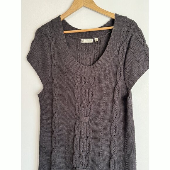 Verona Y2K Cable Knit Sweater Tunic Dress Short Sleeve Pockets Gray Sz XL Cozy - Picture 3 of 9